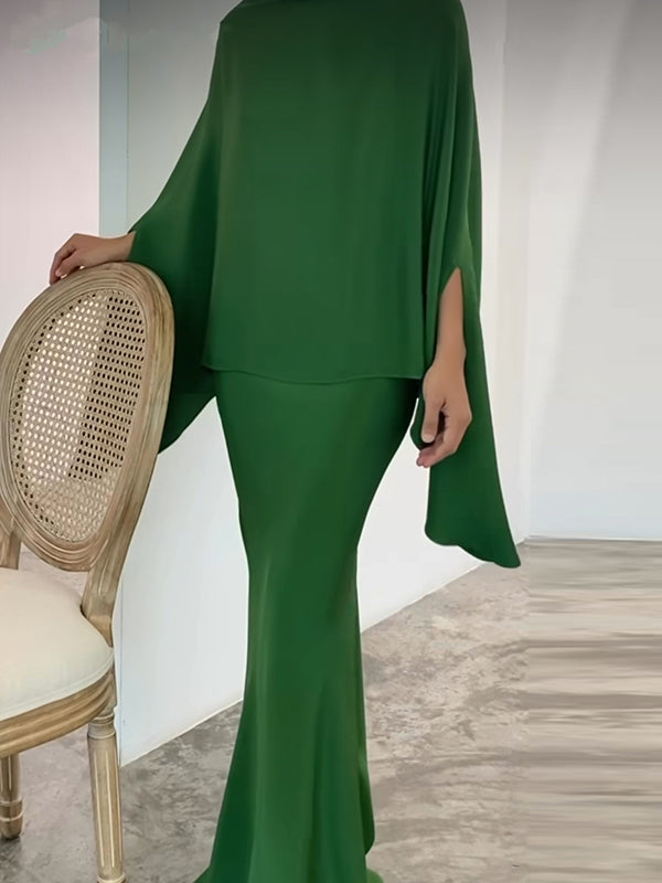 Batwing Sleeves Pearl Solid Color Round-Neck Shirts&Skirts Suits