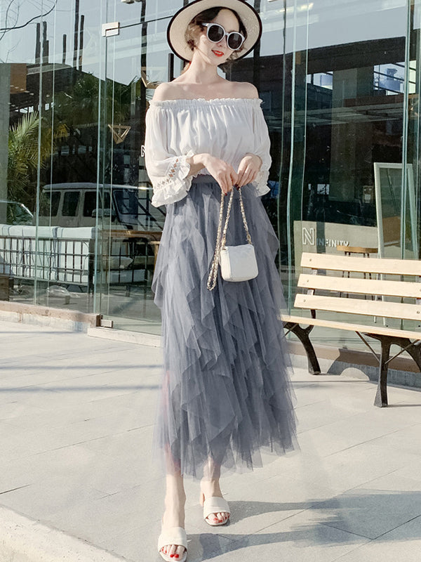 Original Stylish Irregular Mesh Solid Color Skirt