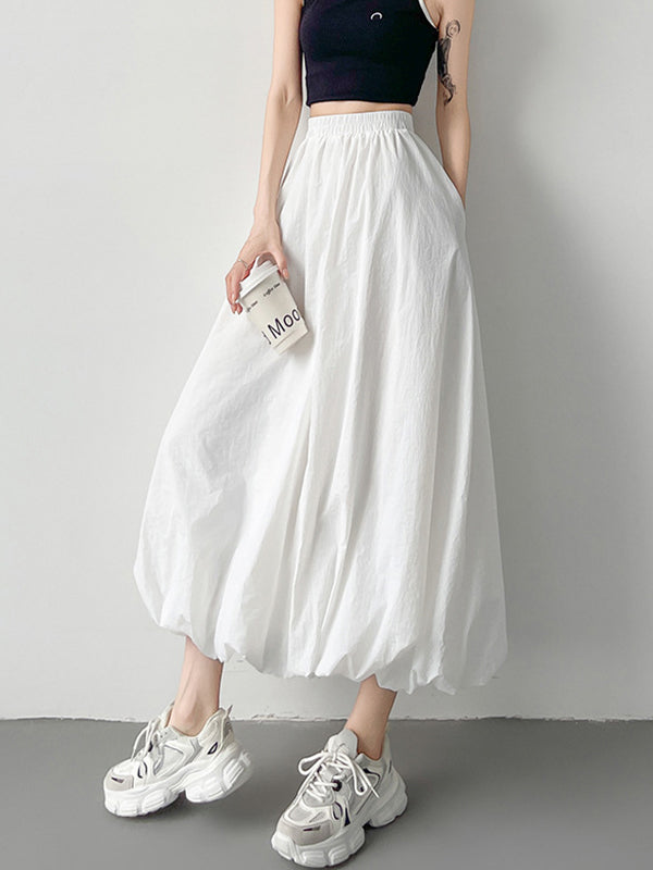 Elasticity Pleated Pockets Solid Color A-Line Loose Skirts Bottoms