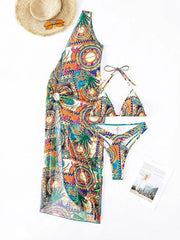 Women's Tropical Print Halter Triangle Bikini Swimsuit With Cover Up