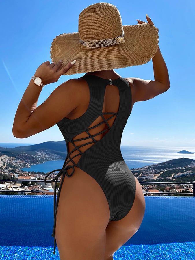 Solid Cut Out Strap One Piece Swimsuit