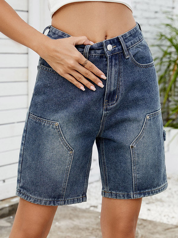 Buttoned Pockets Wide Leg Shorts Bottoms Jean Pants Bottoms
