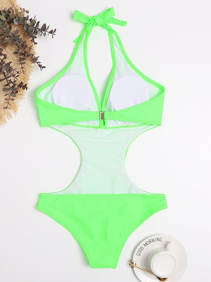 Solid Color Hollowed Out Deep V One Piece Sexy Swimsuit