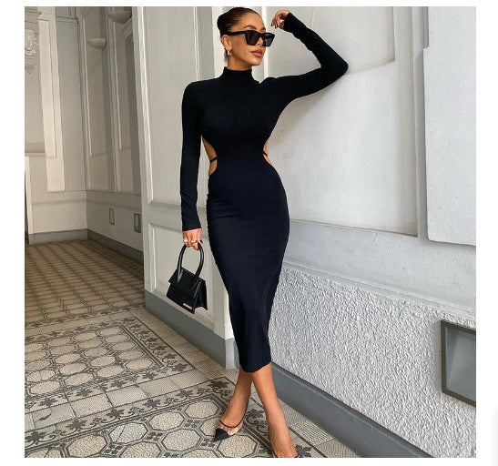 Camryn Unique High Neck Long Sleeve cut out backless Midi Dress