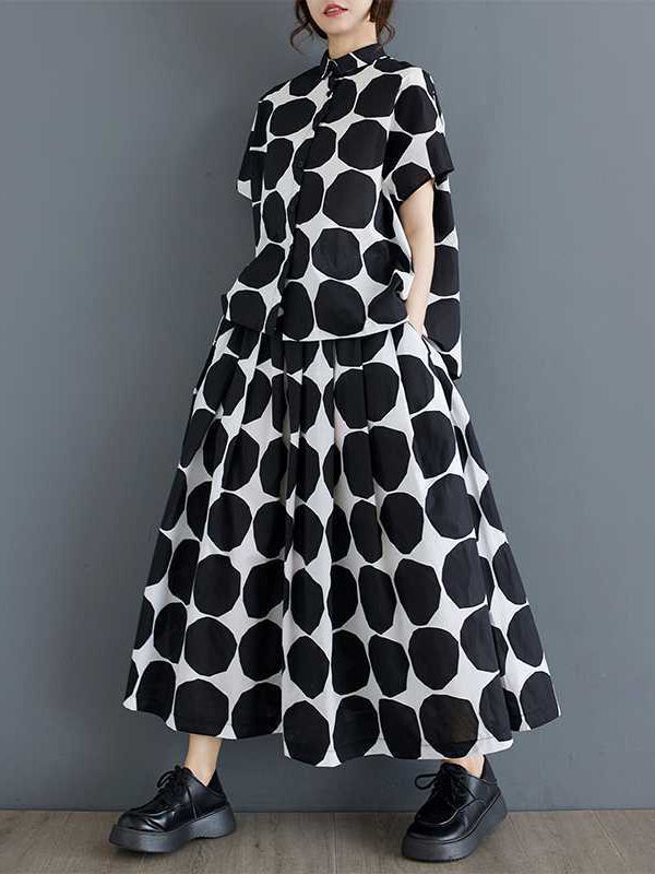 Buttoned Polka-Dot Loose Short Sleeves Lapel Blouse Tops Skirts Bottoms Two Pieces Set