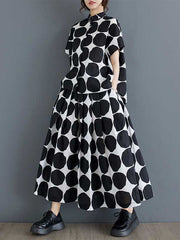 Buttoned Polka-Dot Loose Short Sleeves Lapel Blouse Tops Skirts Bottoms Two Pieces Set