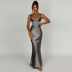 Elara Satin Deep V Slim Strap Maxi Dress