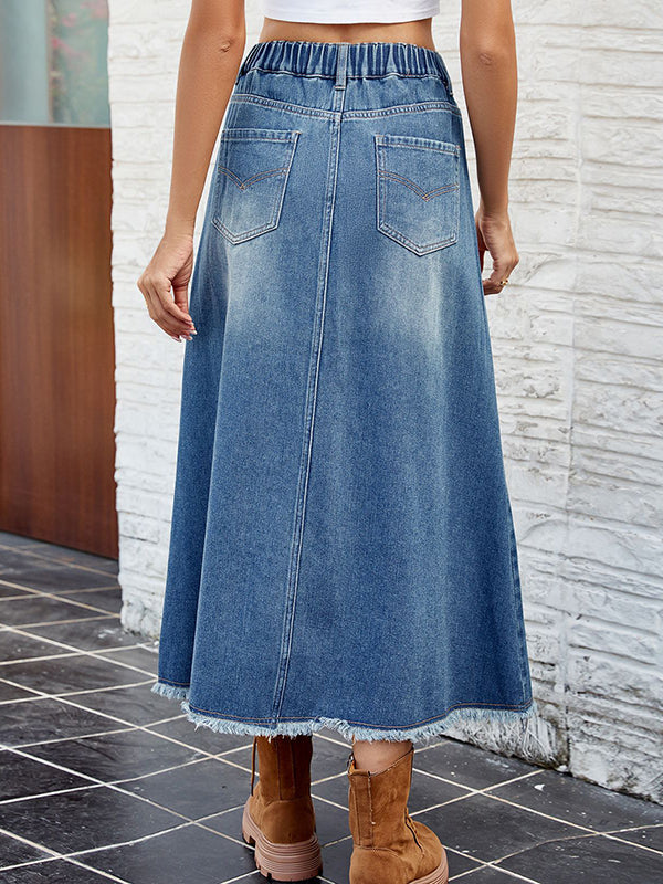 Buttoned Elasticity Fringed Pockets Split-Joint A-Line Loose Skirts Bottoms