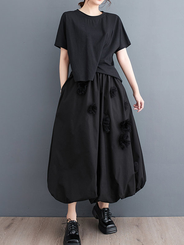 Flower-Embellished Elastics Solid Color Loose Skirts Bottoms
