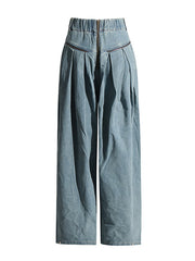 Pleated Pockets Split-Joint Zipper Loose Wide Leg Jean Pants Bottoms