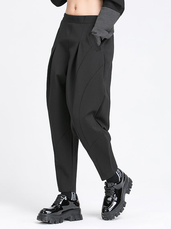 Simple Casual Split-Joint Pleats Black Harem Pants
