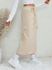 Drawstring Pockets Solid Color Split-Back Split-Joint A-Line Loose Skirts Bottoms