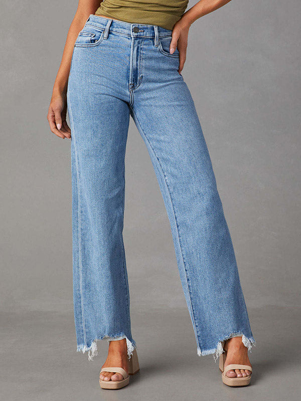 Fringed Split-Joint High Waisted Straight Leg Jean Pants Bottoms