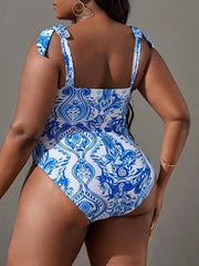 Plus-Size Printed Lace Up Slimming One Piece Swimsuit