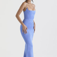 Celestia Periwinkle Satin Corset Maxi Dress