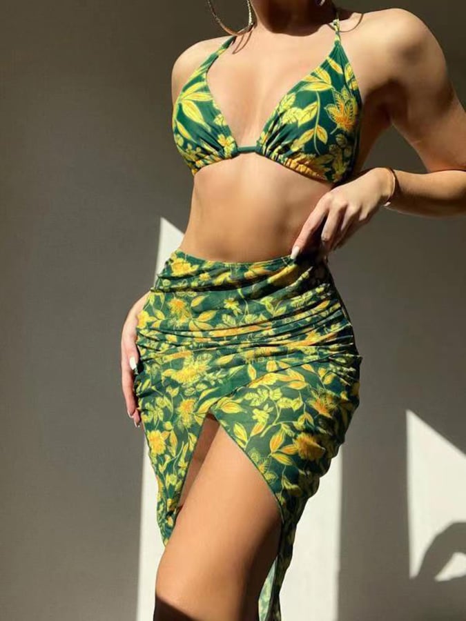 Women's Leaf Print European And American Sexy Three-piece Split Bikini