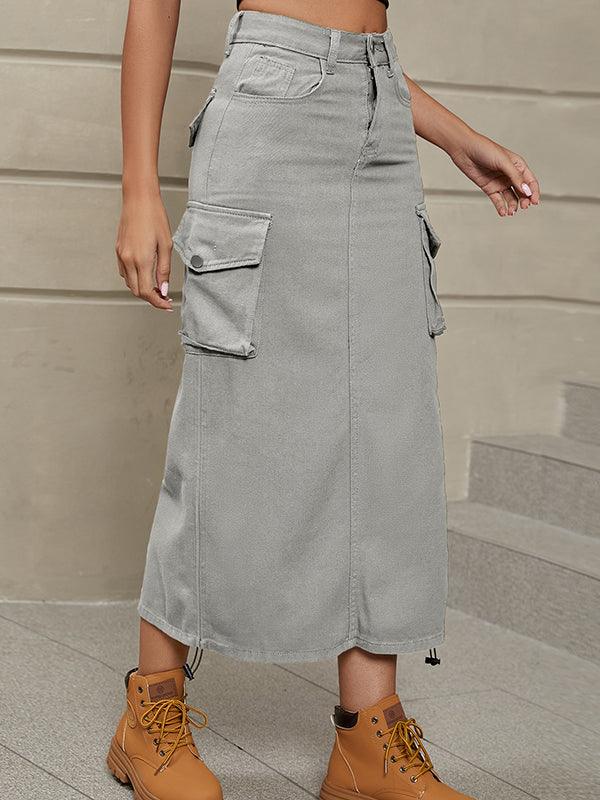 Buttoned Drawstring Pockets Solid Color Split-Side A-Line Skirts Bottoms