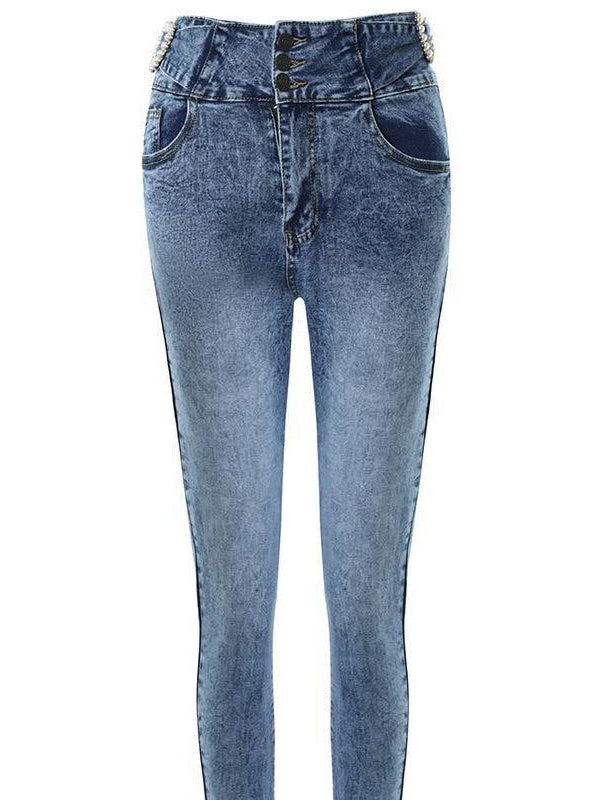 Beads Buttoned Elasticity Pockets Zipper Skinny Jean Pants Bottoms