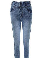 Beads Buttoned Elasticity Pockets Zipper Skinny Jean Pants Bottoms