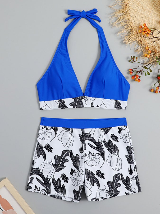 Sexy bikini high-waisted printed color-blocking split swimsuit