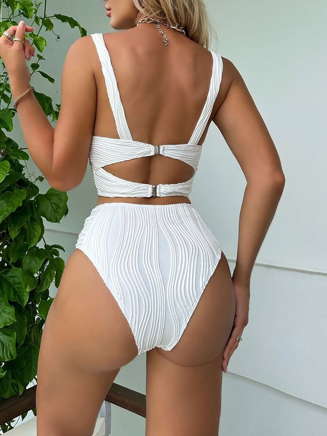 Solid Patterned High Waisted Split Swimsuit