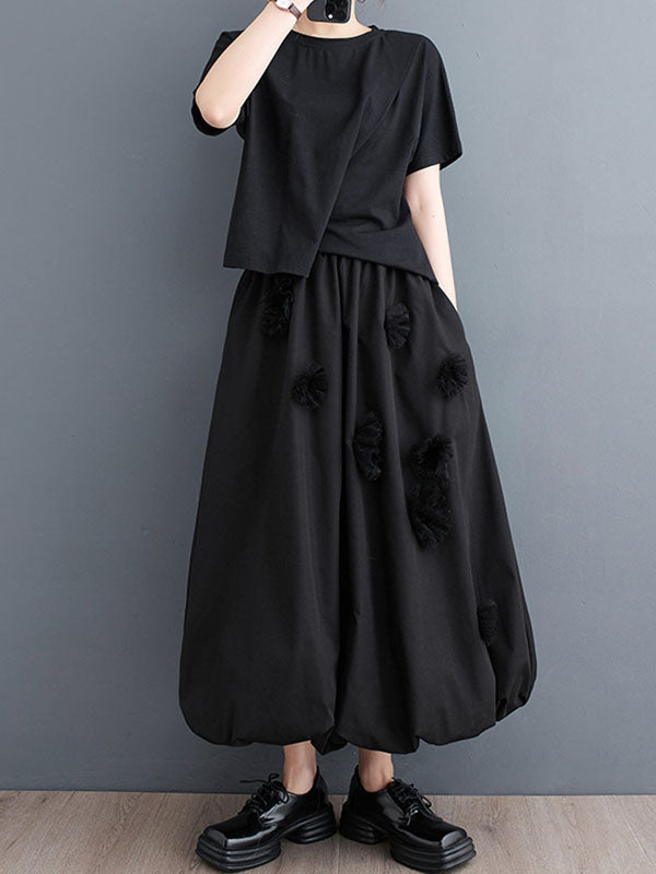 Flower-Embellished Elastics Solid Color Loose Skirts Bottoms