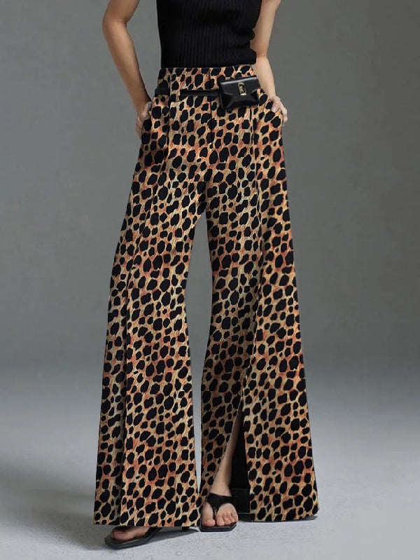 Leopard Split-Front Loose Wide Leg Trousers Casual Pants Bottoms