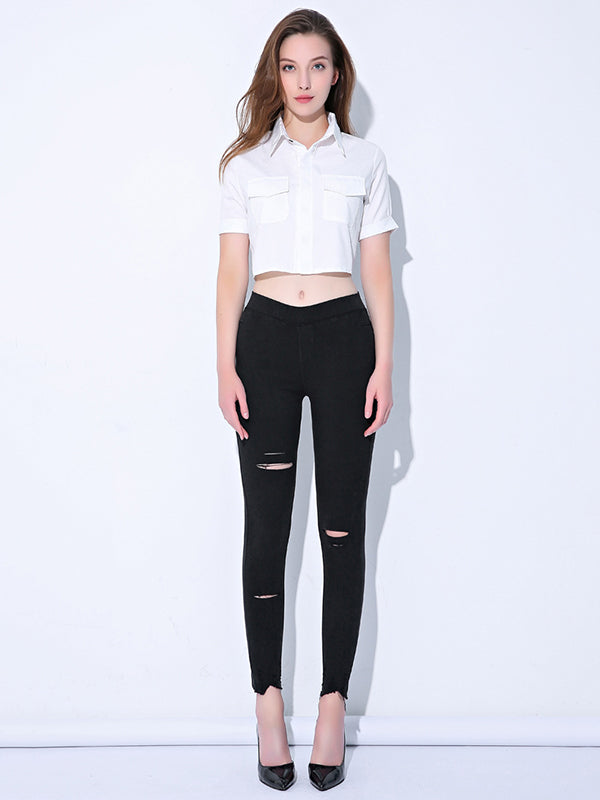 Casual Solid Color Hollow Fringed Skinny Leg Pants