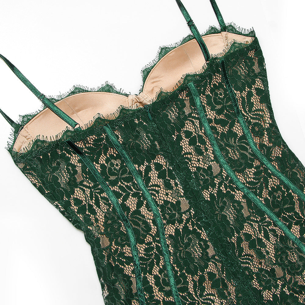 Nadine Sweetheart Bodycon Lace Cocktail Midi Dress - green