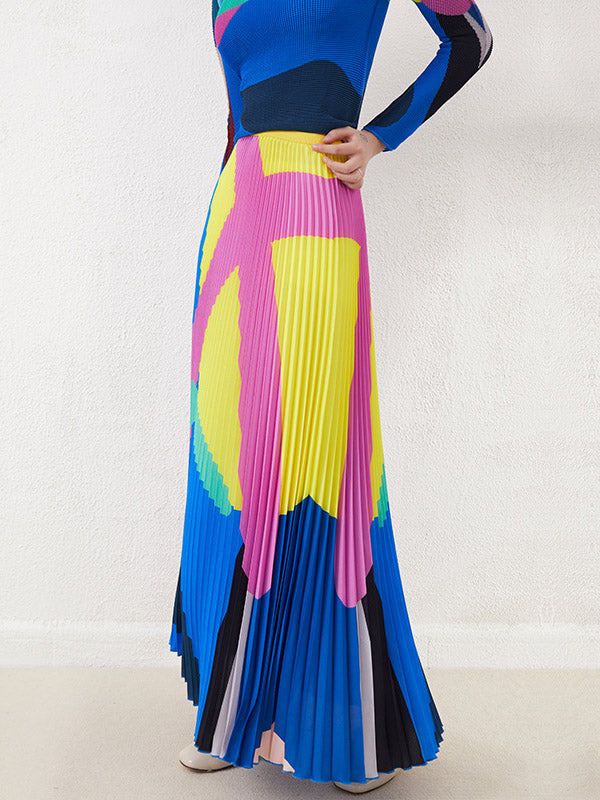 Contrast Color Pleated A-line Loose Skirts Bottoms