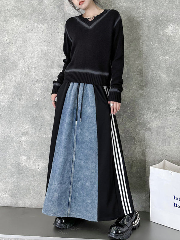 Contrast Color Drawstring Split-Joint Striped A-Line Loose Skirts Bottoms