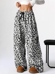 Drawstring Elasticity Leopard Split-Joint Loose Wide Leg Trousers Pants