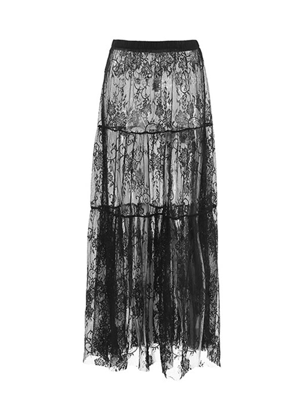 Elasticity Hollow Jacquard Mesh See-Through Split-Joint A-Line High Waisted Skirts Bottoms