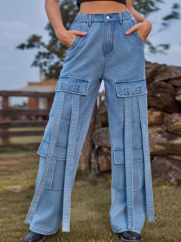 High-Waisted Pockets Split-Joint Streamer Loose Straight Leg Jean Pants Bottoms