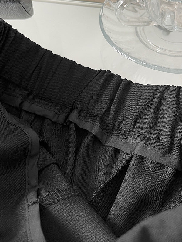 Lace-Up Pleated Solid Color Split-Joint High Waisted Loose Trousers Suit Pants