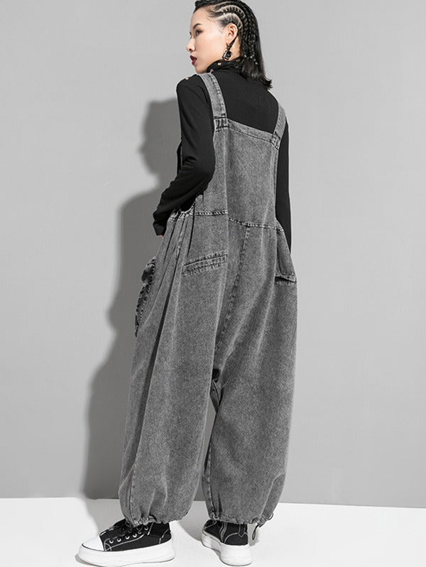 Pockets Split-Joint Loose Sleeveless Overalls Jean Pants Bottoms