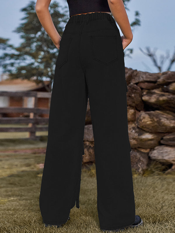 High-Waisted Pockets Split-Joint Streamer Loose Straight Leg Jean Pants Bottoms