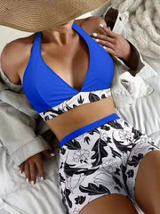 Sexy bikini high-waisted printed color-blocking split swimsuit