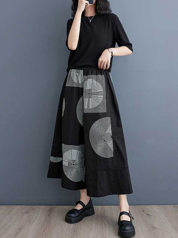 Elasticity Printed High Waisted Loose Pants Cropped Trousers