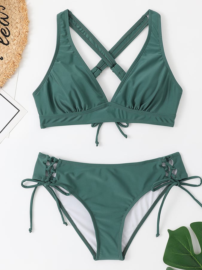 Sexy Split Pure Color Strap Bikini Swimsuit