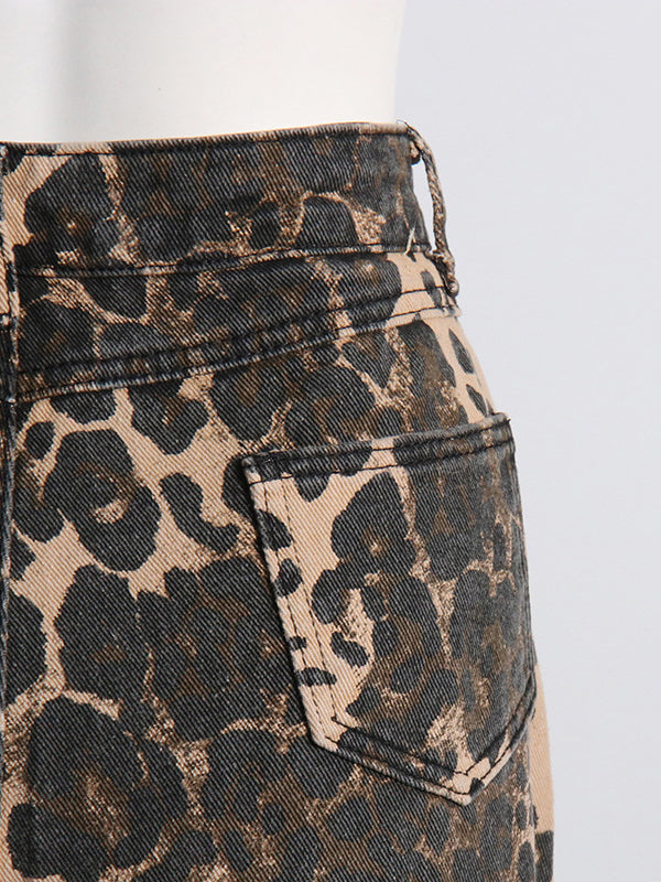 Leopard Printed Ripped Split-Joint High Waisted Loose Jean Pants Bottoms