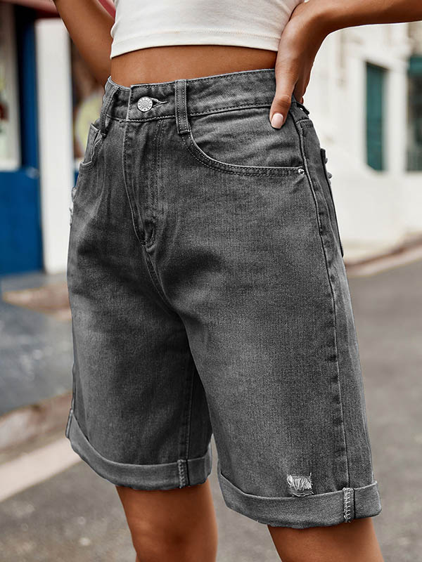 Buttoned Pockets High Waisted Loose Shorts Bottoms Jean Pants Bottoms