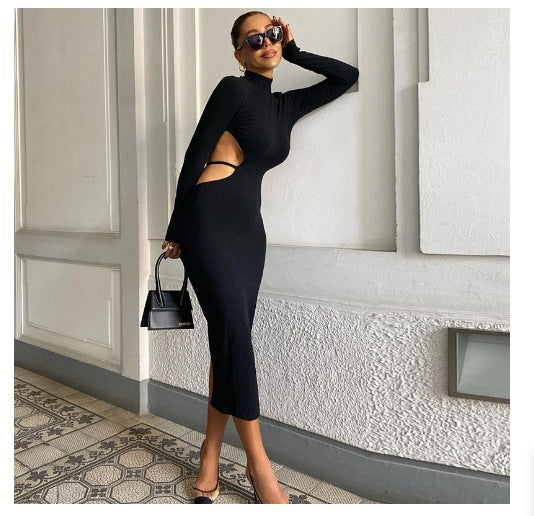 Camryn Unique High Neck Long Sleeve cut out backless Midi Dress