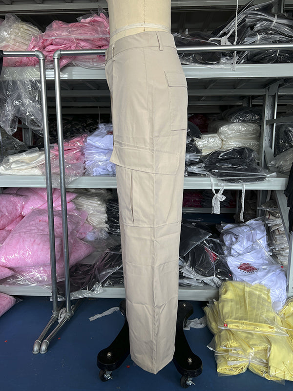 Buttoned Pockets Solid Color Split-Joint Loose Wide Leg Trousers Pants