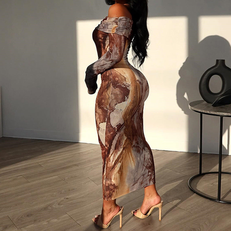 Off-Shoulder Abstract Print Layered Bodycon Maxi Dress