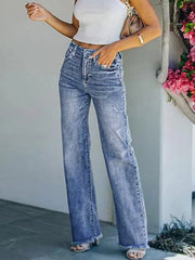 Fringed Gradient Split-Joint Straight Leg Jean Pants Bottoms