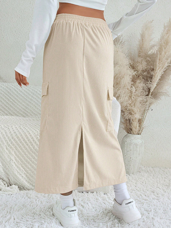 Drawstring Pockets Solid Color Split-Back Split-Joint A-Line Loose Skirts Bottoms