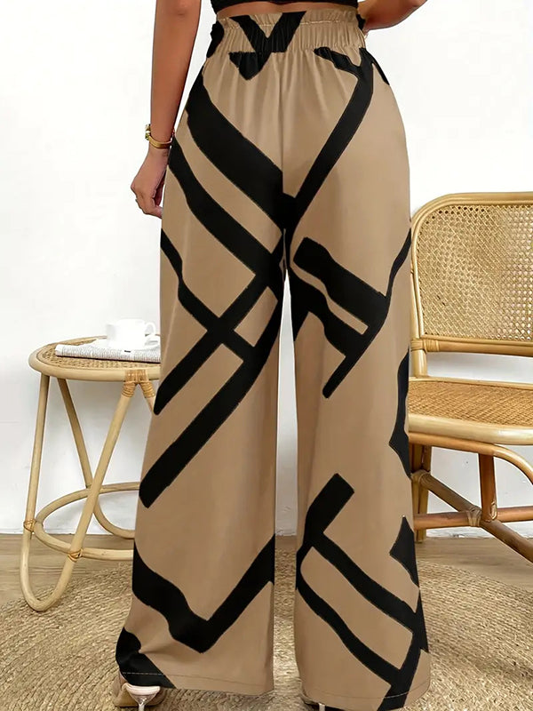 Drawstring Elasticity Printed Striped Loose Wide Leg Trousers Pants
