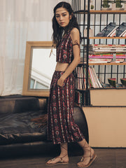 Vacation Loose Sleeveless Printing U-Neck Two Pieces Set