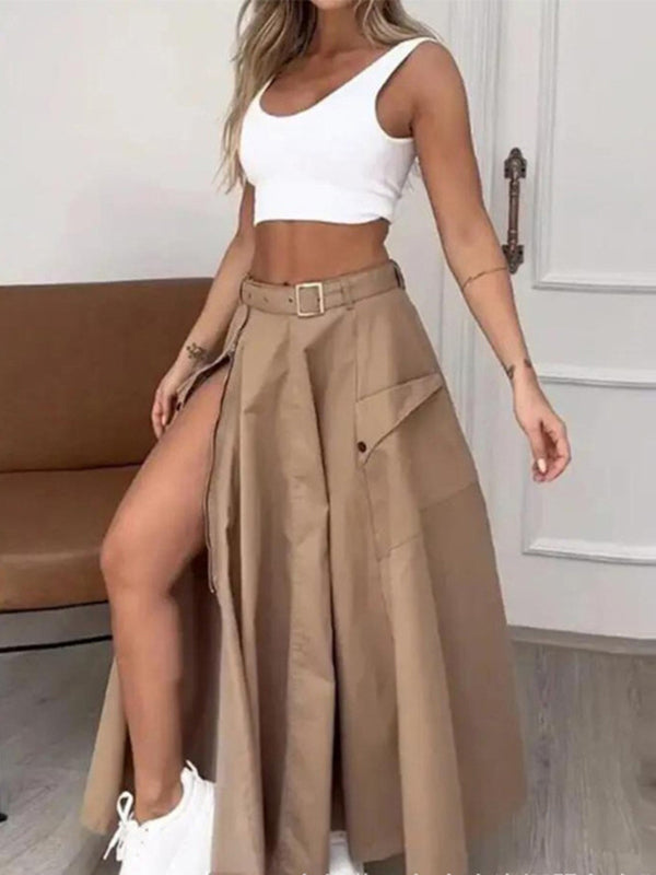 Belted Pockets Split-Joint Split-side Zipper A-line Loose Skirts Bottoms